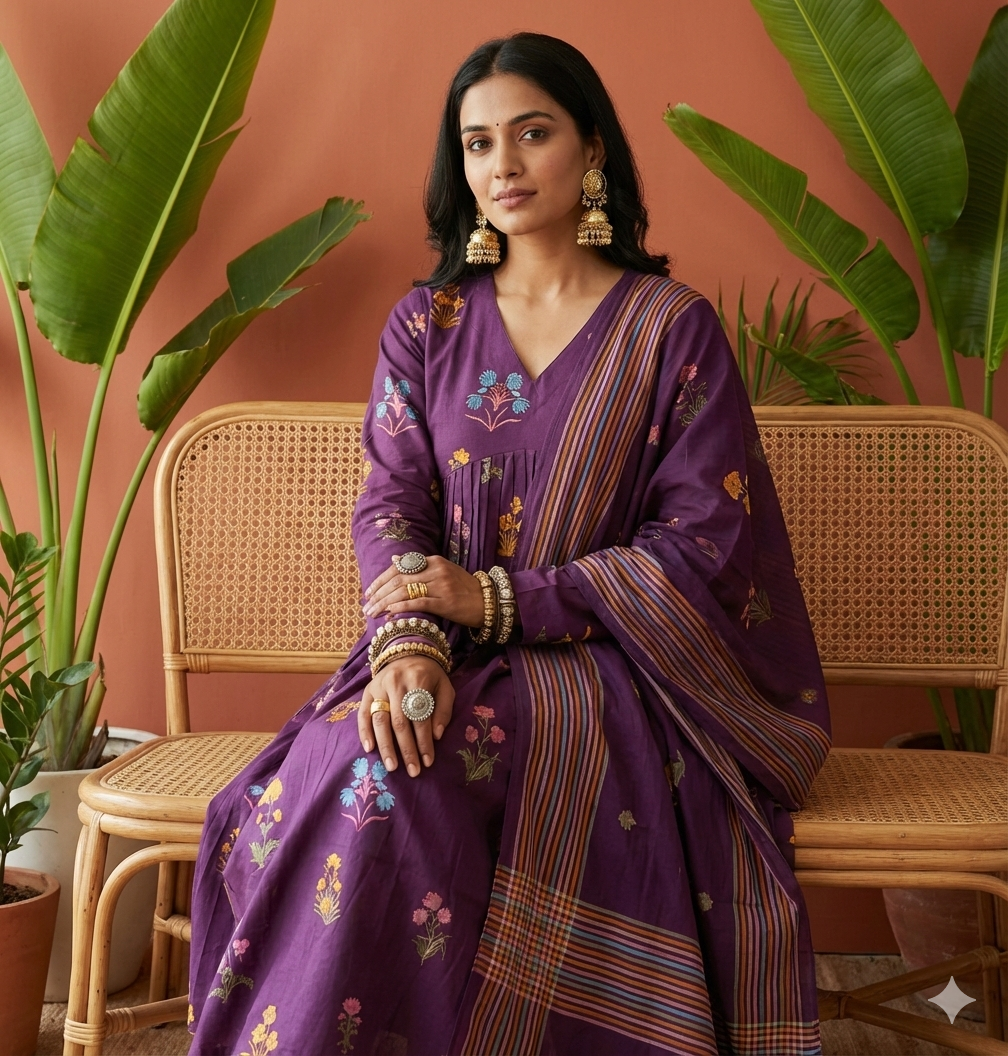 Woman wearing a golden banarasi silk churidhar with zari details