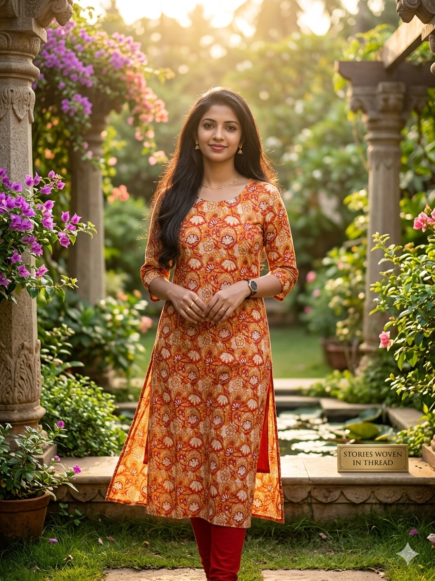 Woman wearing a golden banarasi silk churidhar with zari details